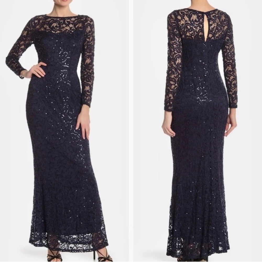 MARINA Navy Lace Sequin Long-Sleeve Evening Dress